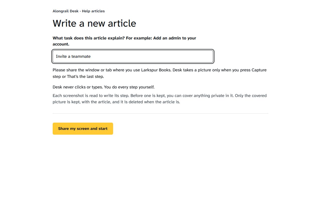 The Write a new article page, with the task written in and the Share my screen and start button
