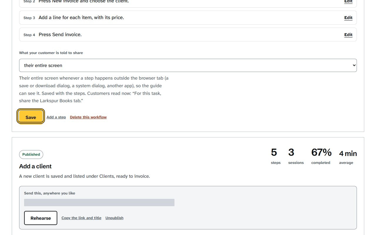 Step 3: Click Save under the workflow; the line beside “Customers are told” shows the new wording.