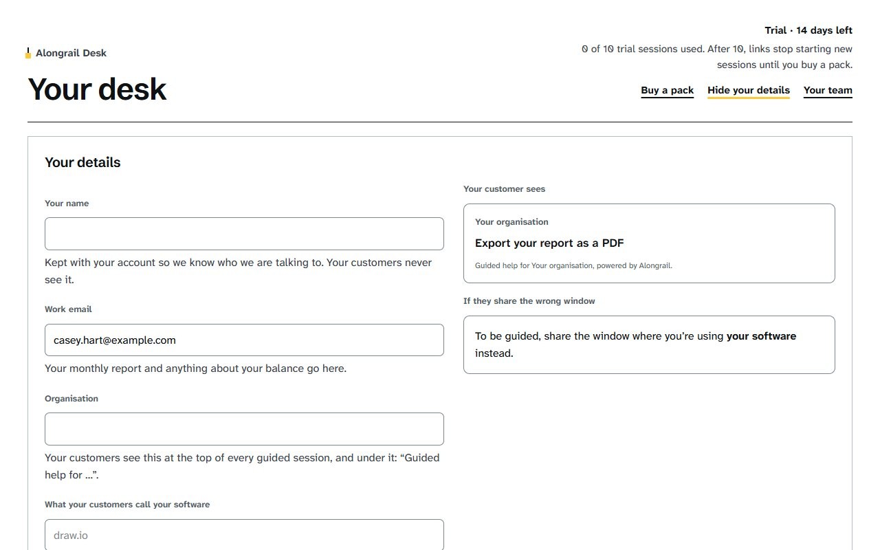 Step 2: Fill in your name, work email, organisation, and what your customers call your software.