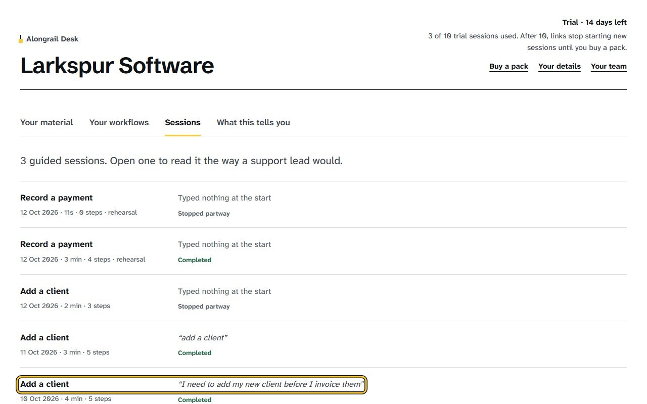 Step 2: Click a session to open it; its record shows how it ended, how long it took, and every step the customer was given.