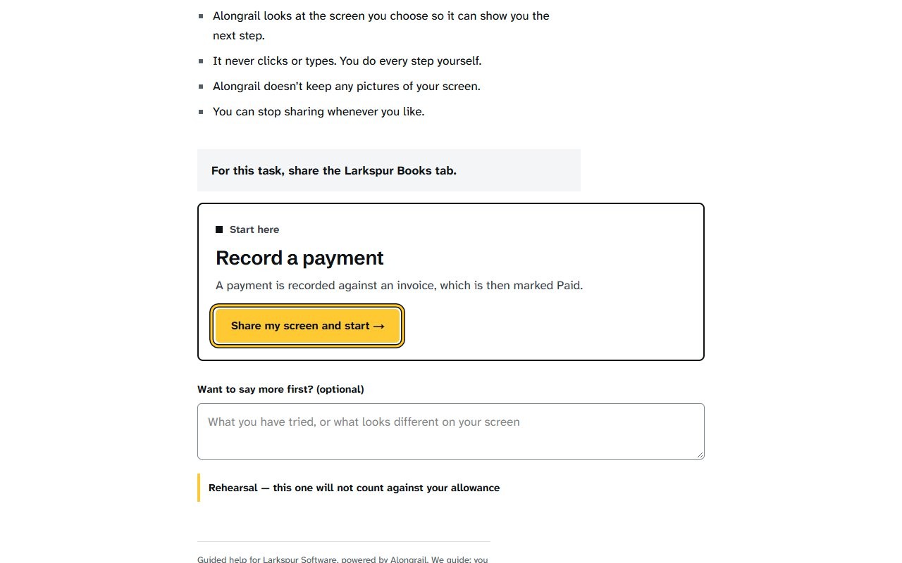 Step 2: Click “Share my screen and start →” and choose the tab with your own product. The steps window opens and asks you to go to your software and press “Show me the first step”.