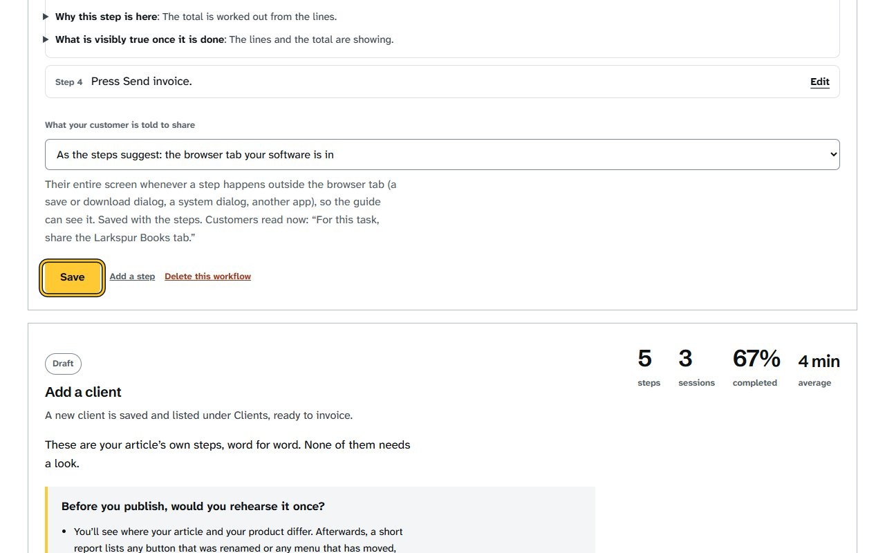 Step 3: Click Save; the workflow scrolls to show the Rehearse and Publish and get the link buttons.