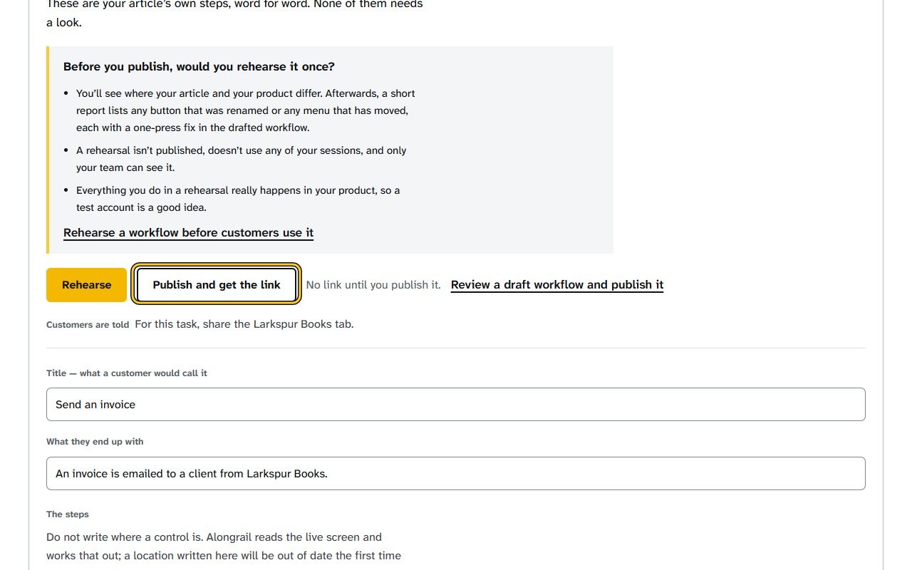 Step 4: Click “Publish and get the link”; a box asks whether you have read the workflow’s steps.