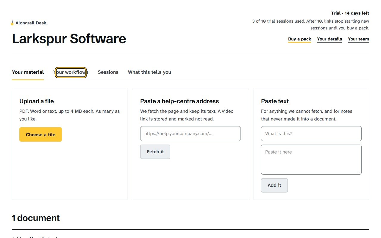 Step 1: Click “Your workflows”; a published workflow shows its link under “Send this, anywhere you like”.