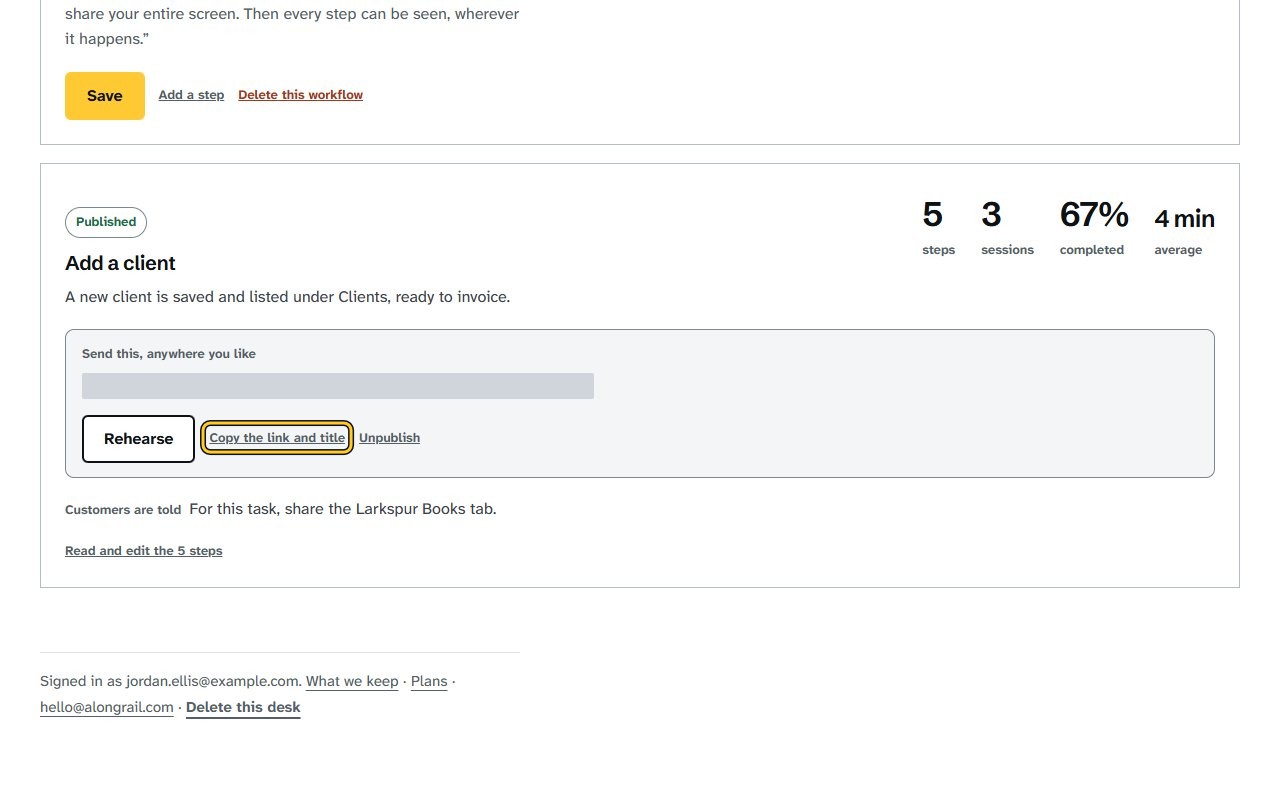 Step 2: Click “Copy the link and title”; the link shows “Copied, with the title”.