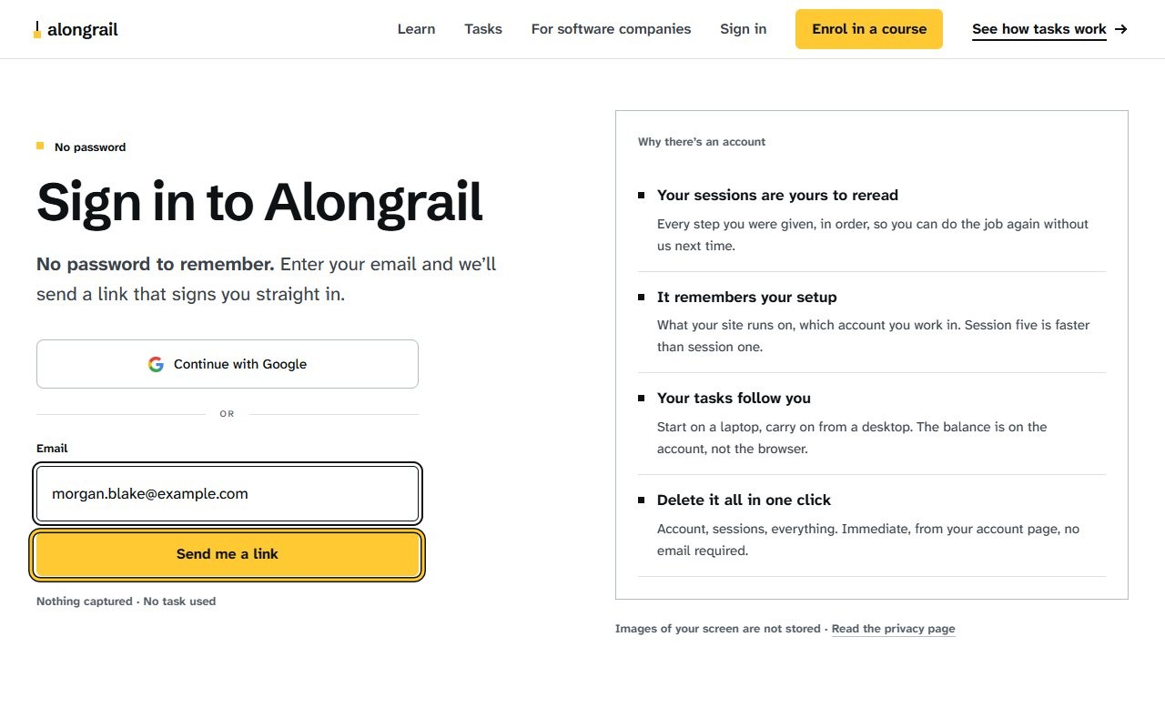 Step 3: Click “Send me a link”. A “Check your email” message appears, with a code field to sign in instead.