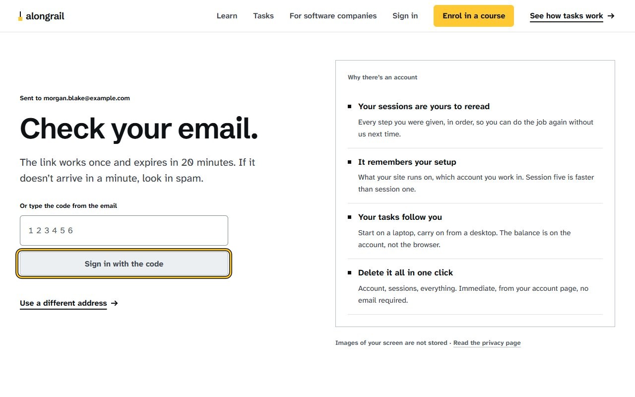 Step 4: Open the sign-in link from the email, or type the six-digit code from the email and click “Sign in with the code”. A sign-in confirmation page opens, prompting you to press Continue to finish signing in.