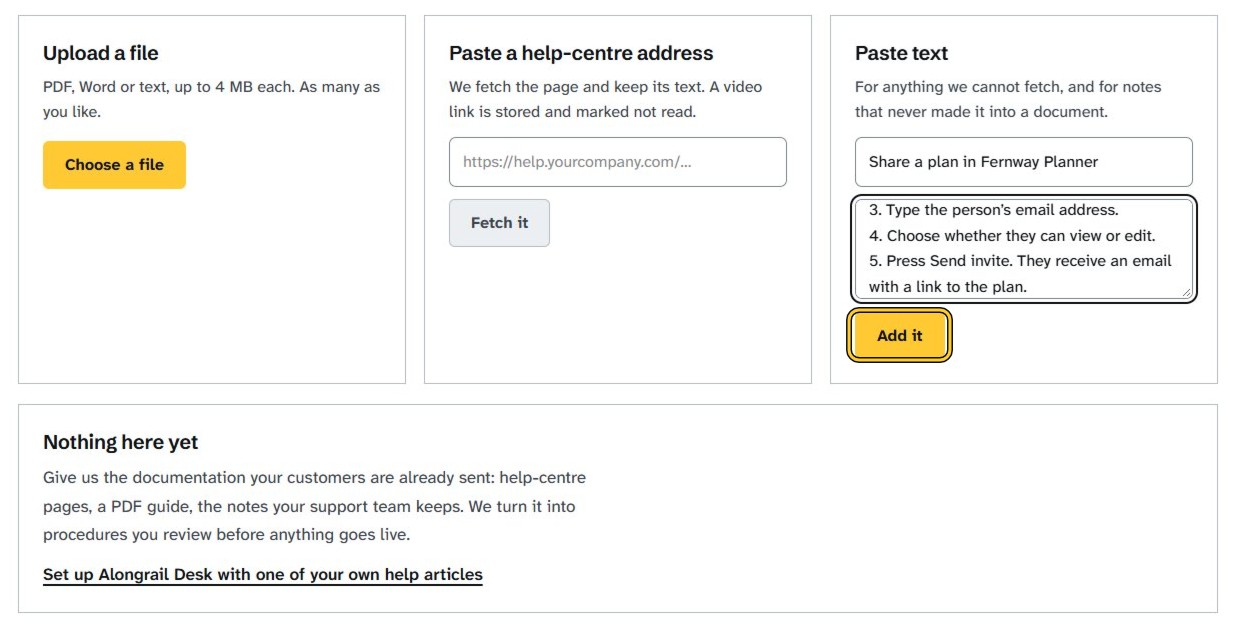 Step 9: Click “Add it” under Paste text. Your article is listed under your documents.