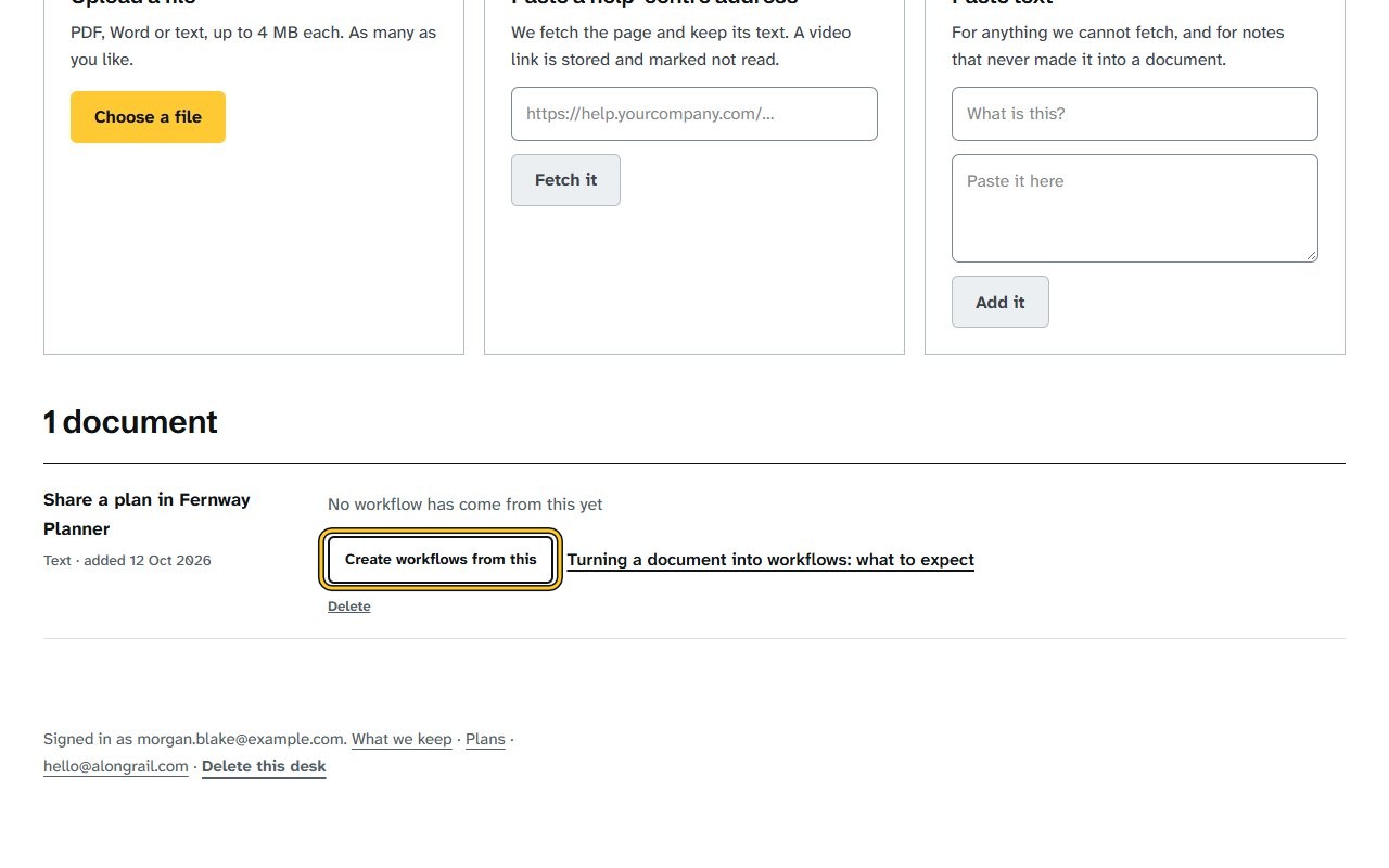 Step 10: Click “Create workflows from this” under the document, and wait a minute or two while Desk reads it. A box says your draft is ready to review under Your workflows.