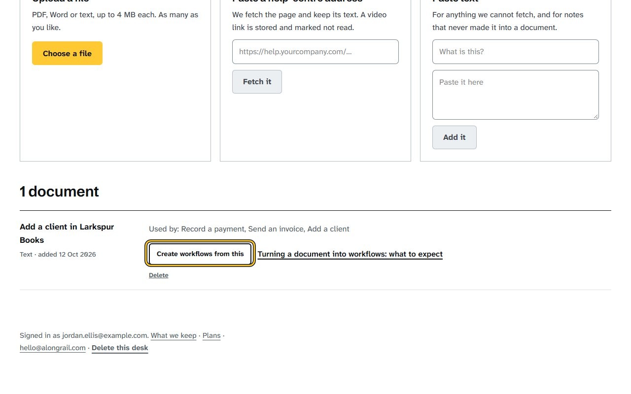 Step 1: Click “Create workflows from this” under the document. If drafts already came from it, Desk first asks whether to replace them or keep them.