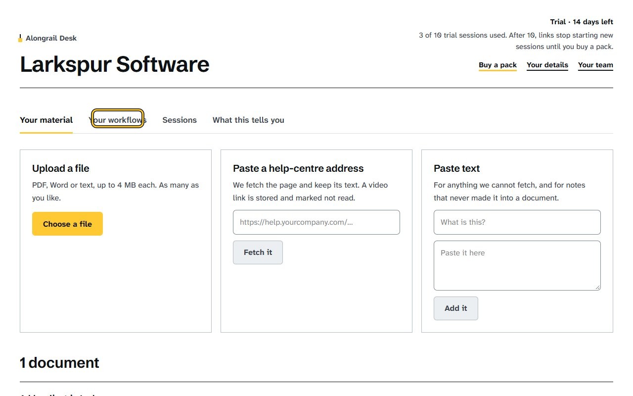 Step 1: Click the “Your workflows” tab, where a rehearsal report appears, showing steps with suggested wording changes.