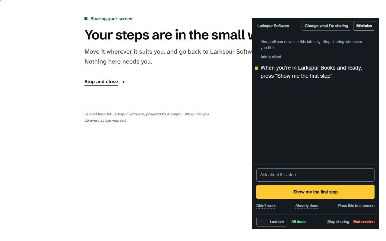 The steps window over the customer’s tab, waiting for Show me the first step.