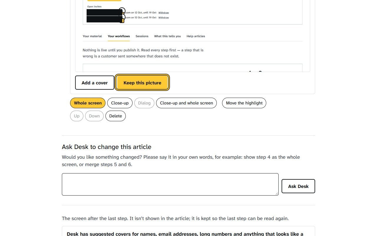 Step 5: Look at the whole picture, keep or remove each cover Desk suggests, add any you need, then click Keep this picture.