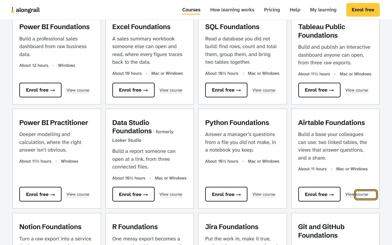 Step 1: Click “View course” under the course you want, for example Airtable Foundations. The course page opens, showing what you’ll end up with.