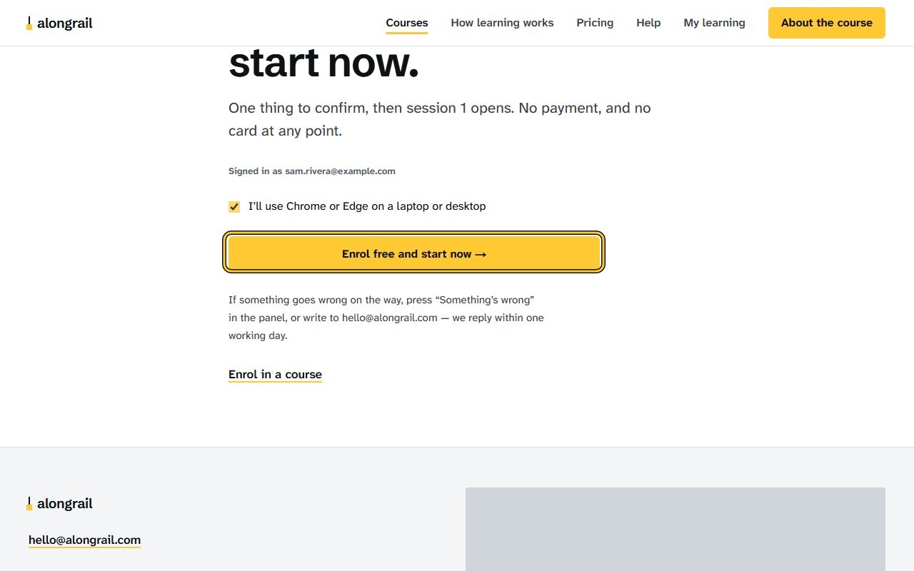 Step 4: Click the “Enrol free and start now” button. Session 1 of the course opens, ready to start.
