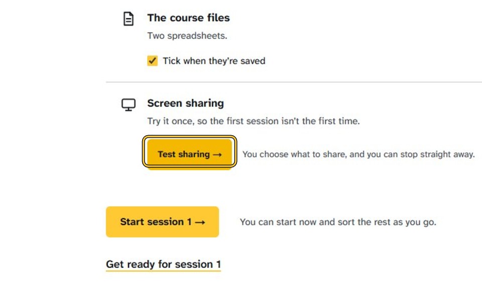 Step 2: Click “Test sharing” under Screen sharing; the button now reads “Test again” and Screen sharing shows Ready.
