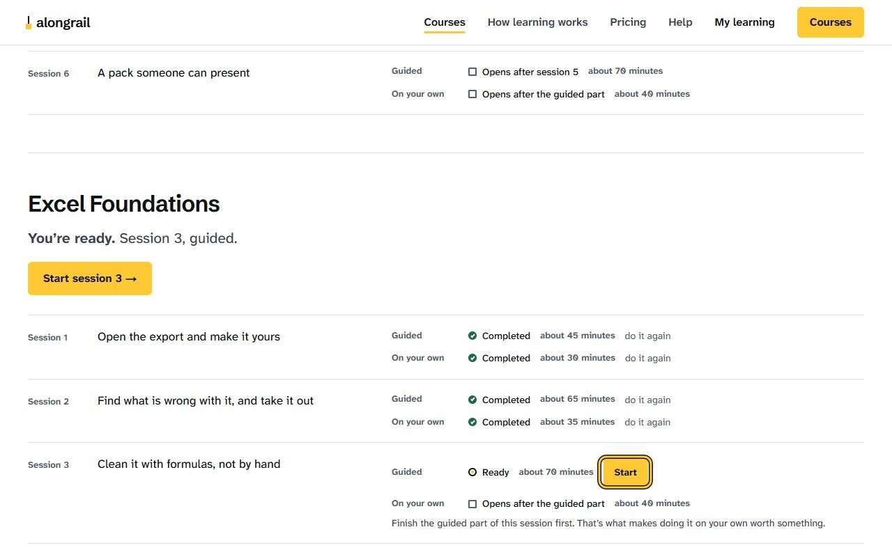 Step 2: Click Start beside the next session’s guided part; the session page opens with its title and what you’ll be able to do by the end.