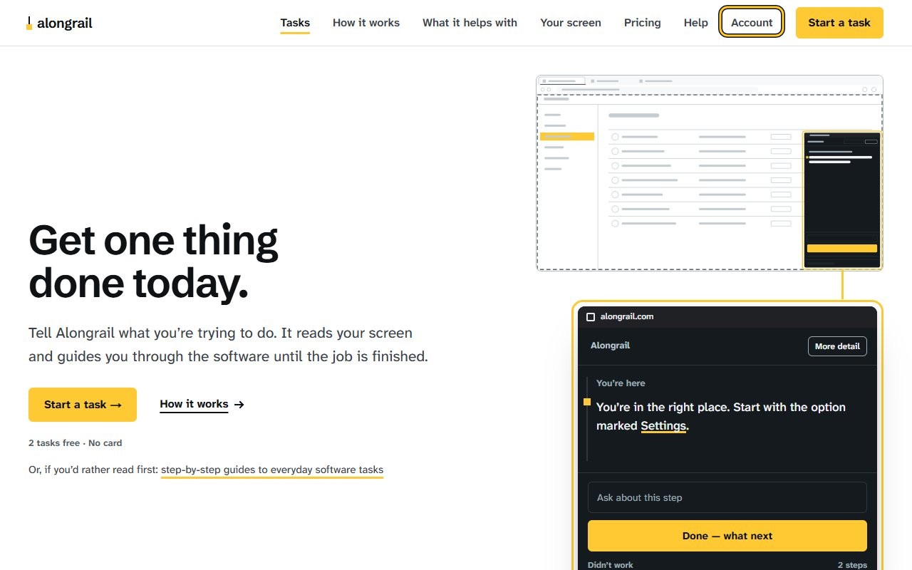 Step 1: Click “Account” in the menu at the top right, between Help and Start a task; your account opens, with a “Carry on” box showing your saved goal.