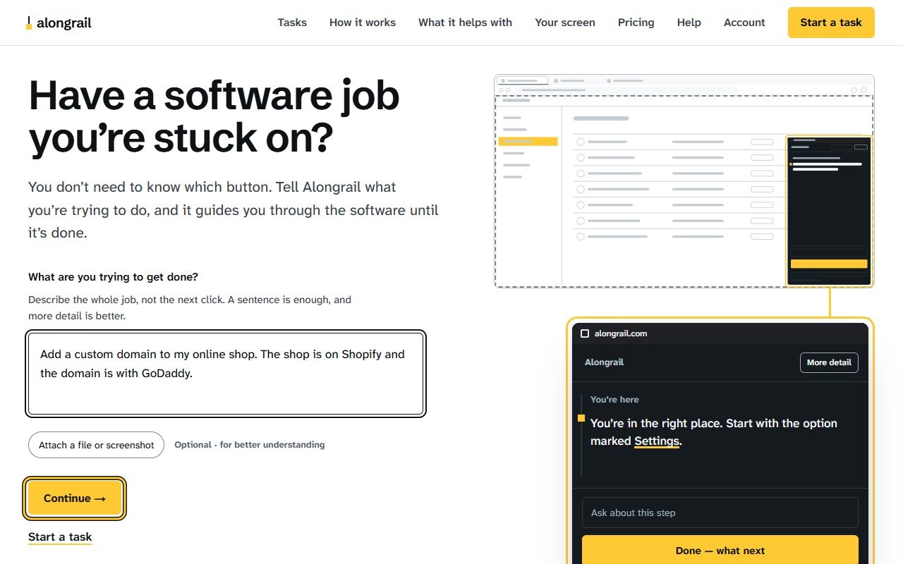 Step 2: Click “Continue →”. Alongrail reads your goal back: what it understood, and what to have ready.
